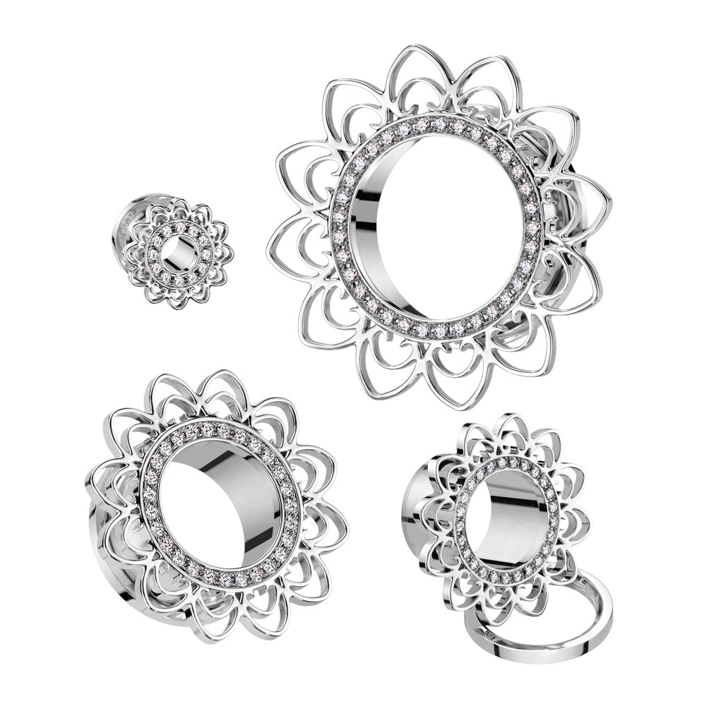 Heart Filigree with CZ Crystal Paved Rim Screw Fit Tunnels - 316L Stainless Steel - Pair