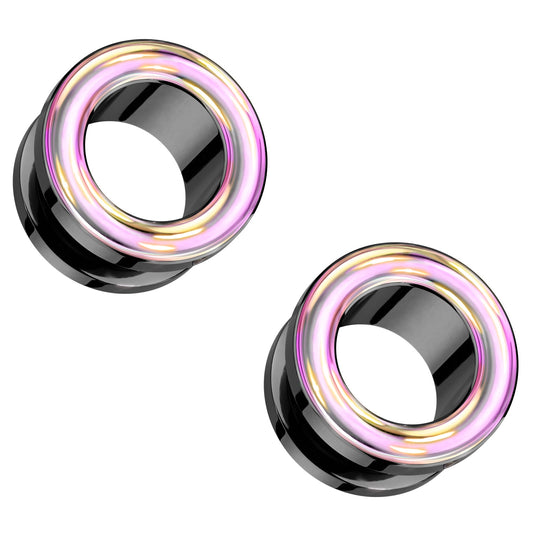 Pink Iridescent Outlined Screw Fit Plugs - Pair - 316L Stainless Steel