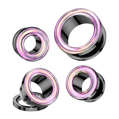 Pink Iridescent Outlined Screw Fit Plugs - Pair - 316L Stainless Steel