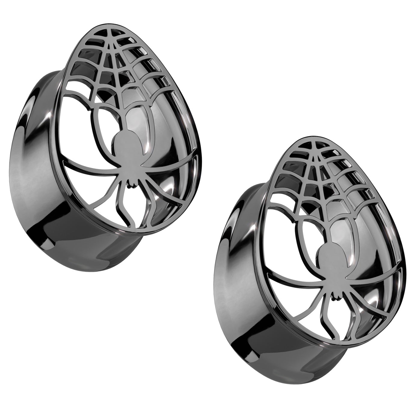 Spider and Web Teardrop Shaped Double Flared Tunnels - Pair - Black PVD 316L Stainless Steel