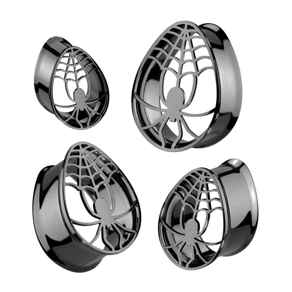 Spider and Web Teardrop Shaped Double Flared Tunnels - Pair - Black PVD 316L Stainless Steel