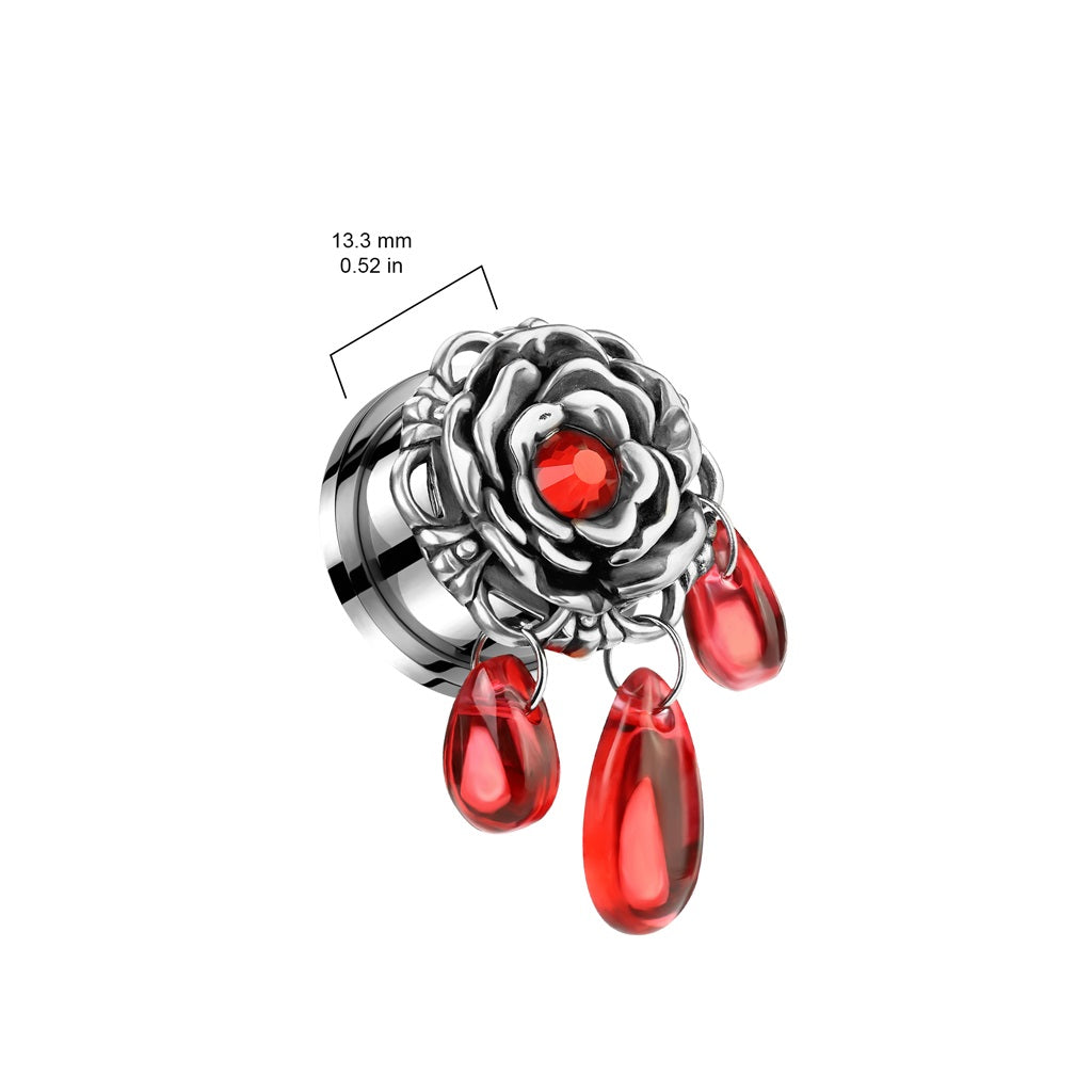 Flower with Red Gem Center and Dangling Beads Screw Fit Plugs - Pair - 316L Stainless Steel