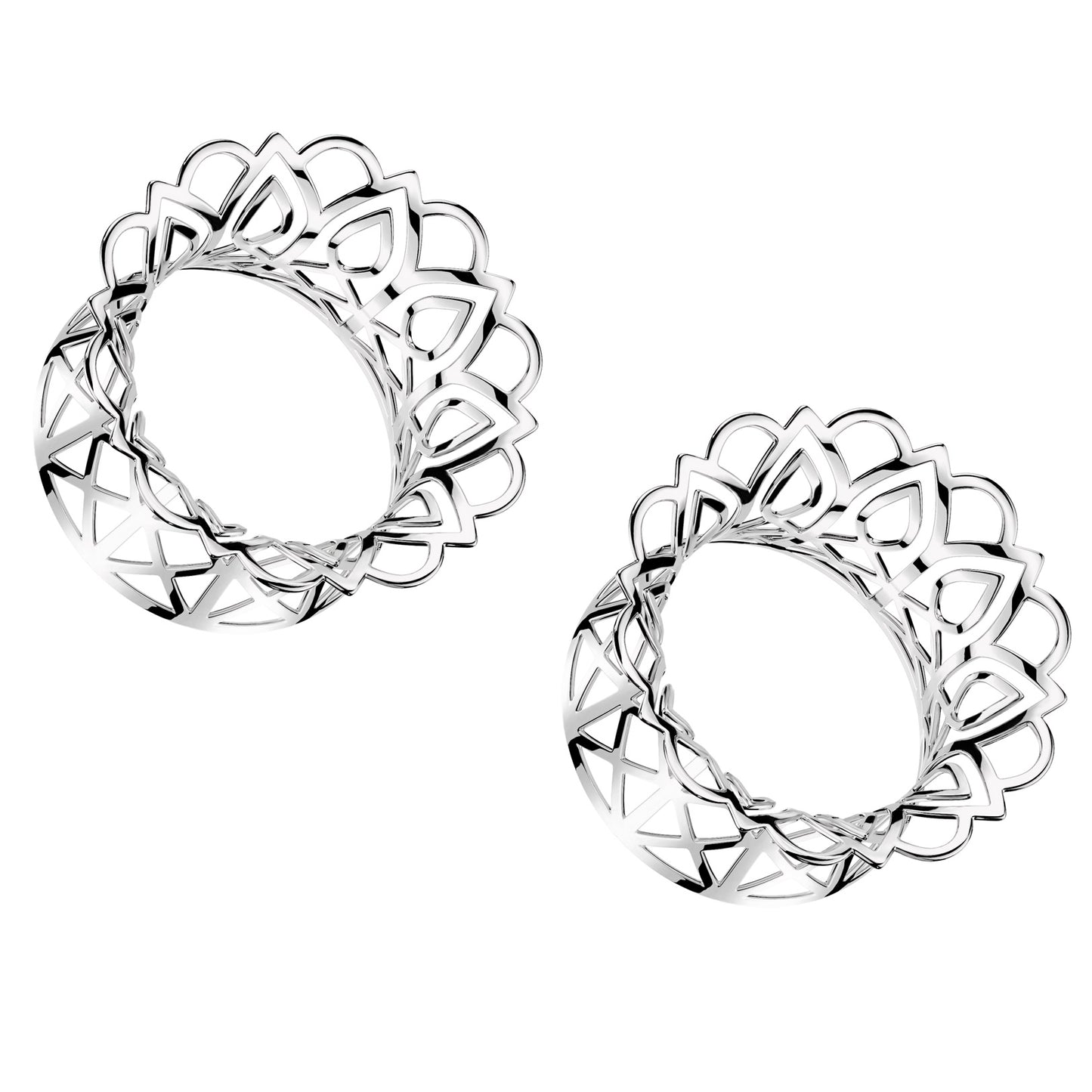 Hollow Filigree Double Flared Tunnels - Pair - Rhodium Plated Brass