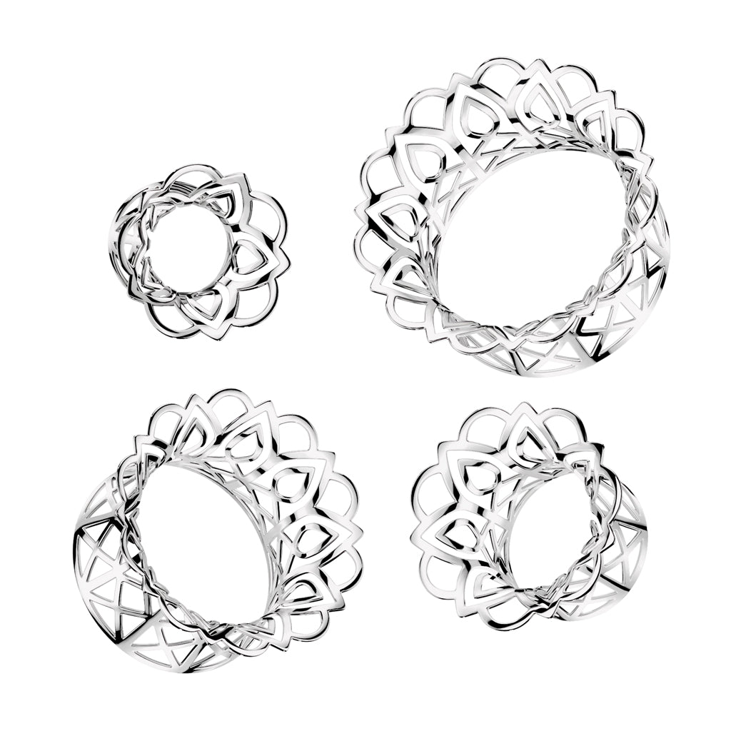 Hollow Filigree Double Flared Tunnels - Pair - Rhodium Plated Brass