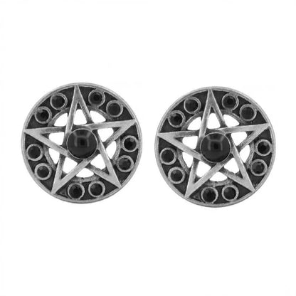Antique Silver Star with Multiple Black CZ Gems Surrounding Tunnels - 316L Stainless Steel - Pair