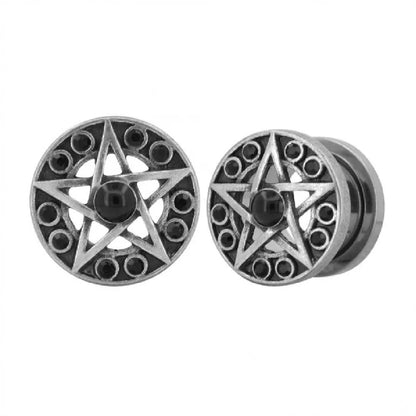 Antique Silver Star with Multiple Black CZ Gems Surrounding Tunnels - 316L Stainless Steel - Pair