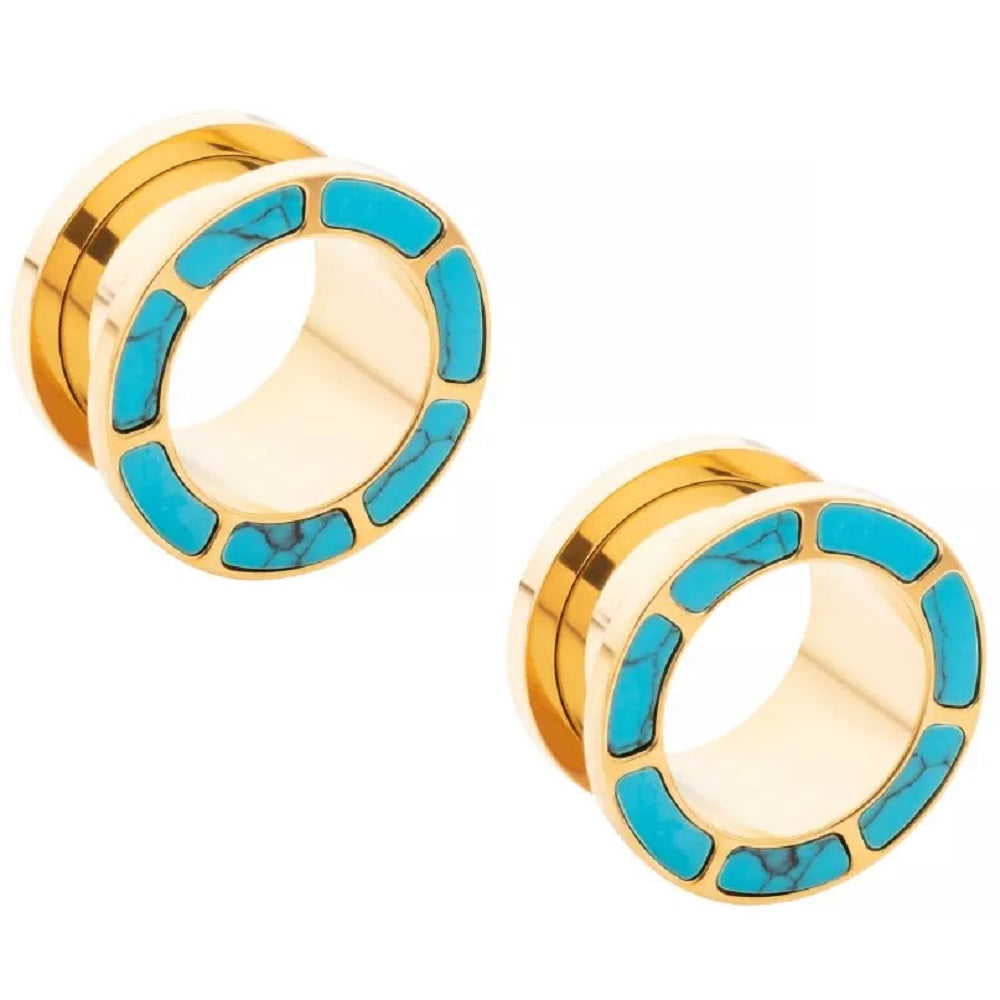 Gold PVD Plated Synthetic Turquoise Outlined Screw Fit Tunnels - 316L Stainless Steel - Pair