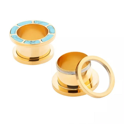 Gold PVD Plated Synthetic Turquoise Outlined Screw Fit Tunnels - 316L Stainless Steel - Pair