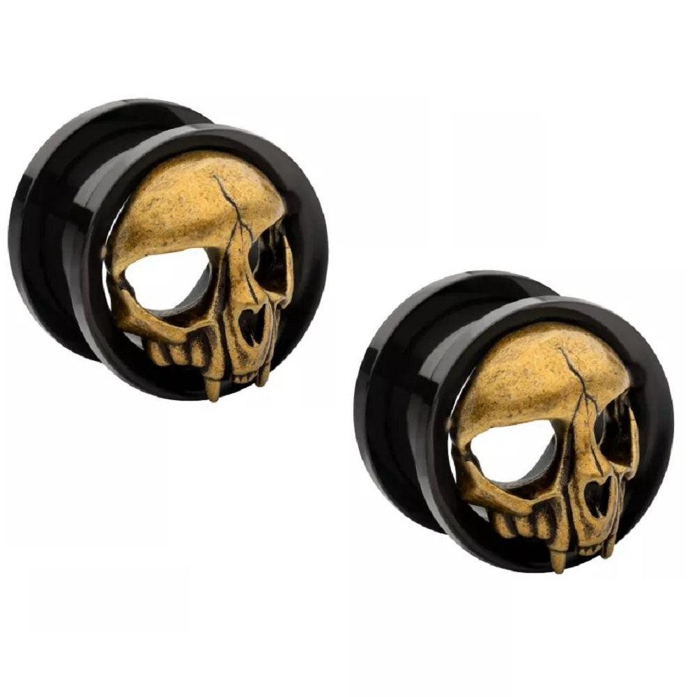 Brass Skull Head Screw Fit Plugs - Black PVD 316L Stainless Steel - Pair