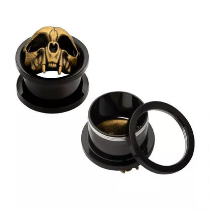 Brass Skull Head Screw Fit Plugs - Black PVD 316L Stainless Steel - Pair