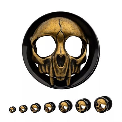 Brass Skull Head Screw Fit Plugs - Black PVD 316L Stainless Steel - Pair