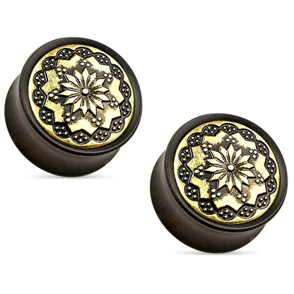 Organic Ebony Wood Floral Tribal Design Pattern Double Flared Saddle Fit Plugs - Pair