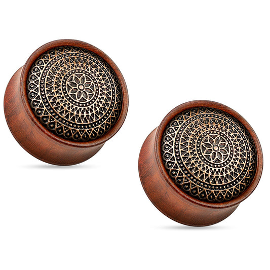 Tribal Lattice Pattern Organic Rose Wood Saddle Fit Plugs - Pair