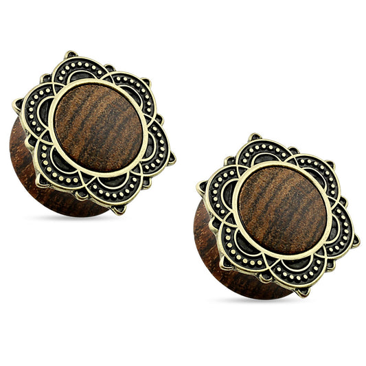 Tribal Golden Lotus Rim Top Natural Rose Wood Saddle Fit Plugs - Pair