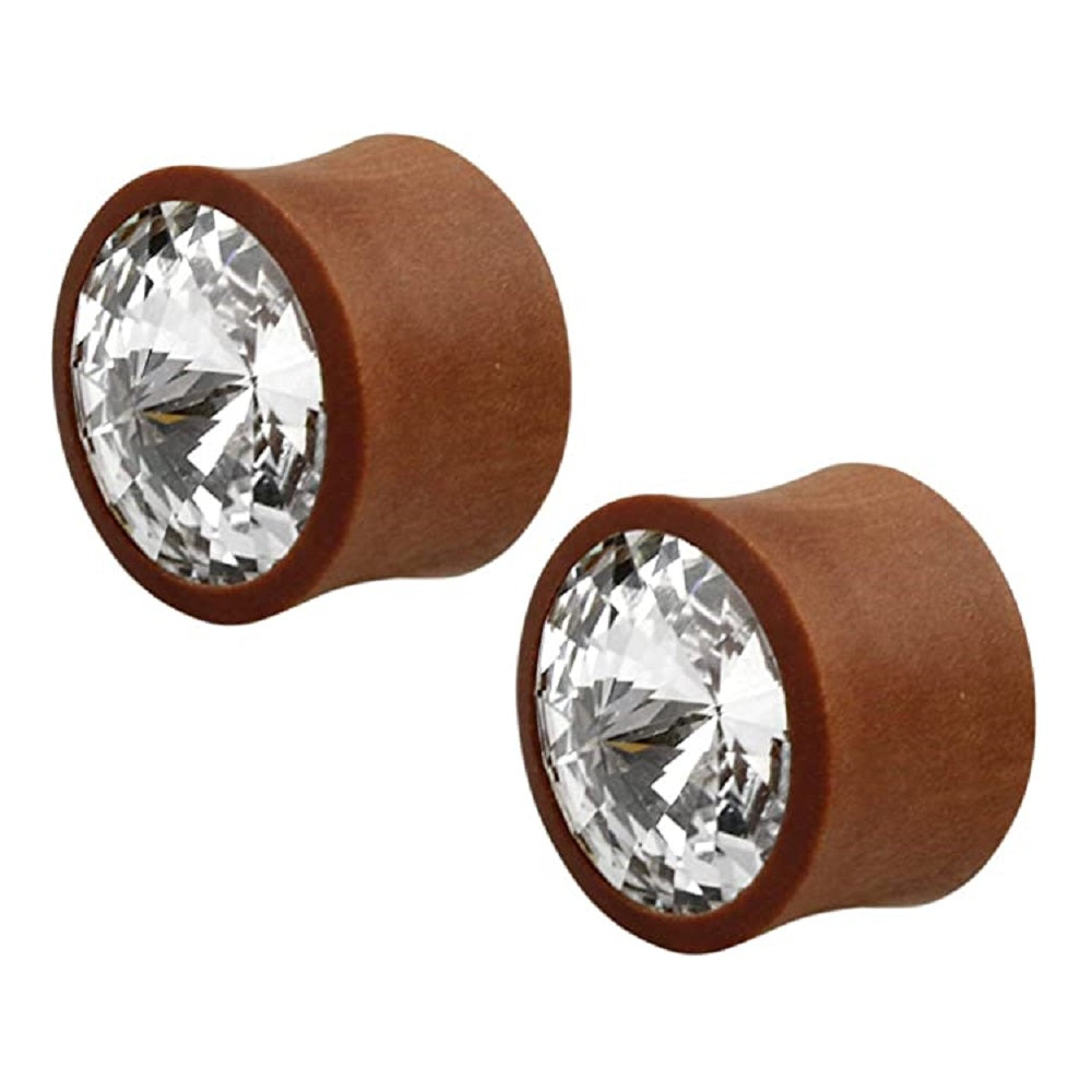 CZ Crystal Center Sawo Wood Double Flared Plugs