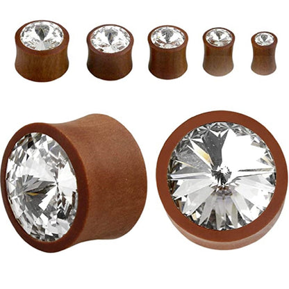 CZ Crystal Center Sawo Wood Double Flared Plugs