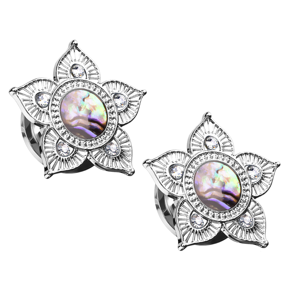 Tribal Flower Top with Abalone Shell Center Screw Fit Plugs - Pair - 316L Stainless Steel