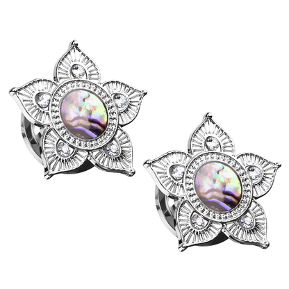 Tribal Flower Top with Abalone Shell Center Screw Fit Plugs - Pair - 316L Stainless Steel