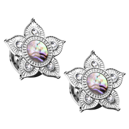 Tribal Flower Top with Abalone Shell Center Screw Fit Plugs - Pair - 316L Stainless Steel