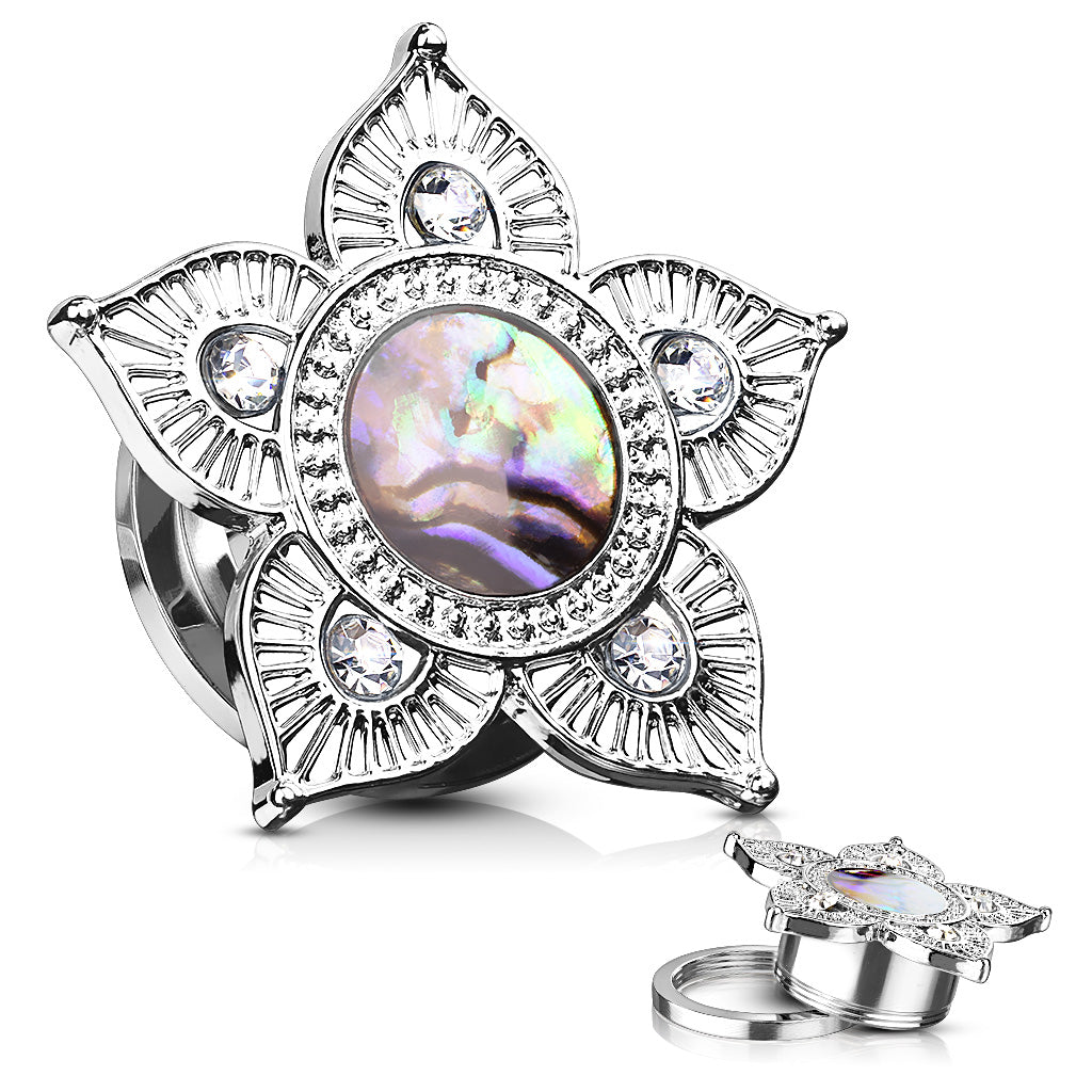 Tribal Flower Top with Abalone Shell Center Screw Fit Plugs - Pair - 316L Stainless Steel