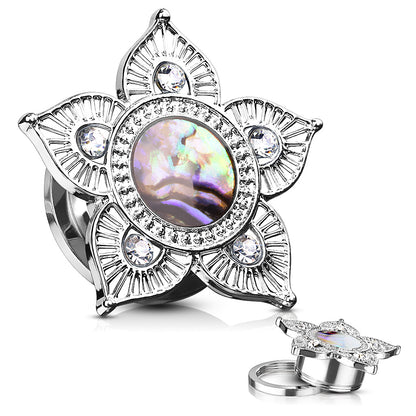 Tribal Flower Top with Abalone Shell Center Screw Fit Plugs - Pair - 316L Stainless Steel