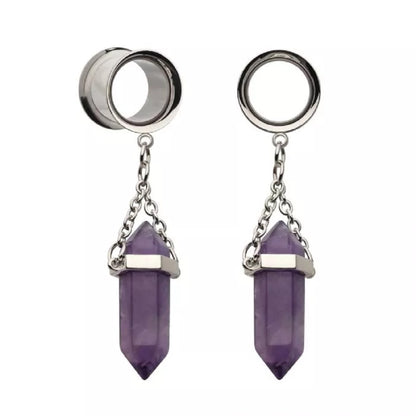 Dangling Amethyst Stone Double Flared Tunnels - 316L Stainless Steel - Pair