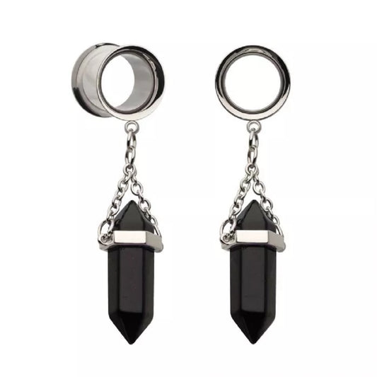 Dangling Obsidian Stone Double Flared Tunnels - 316L Stainless Steel - Pair