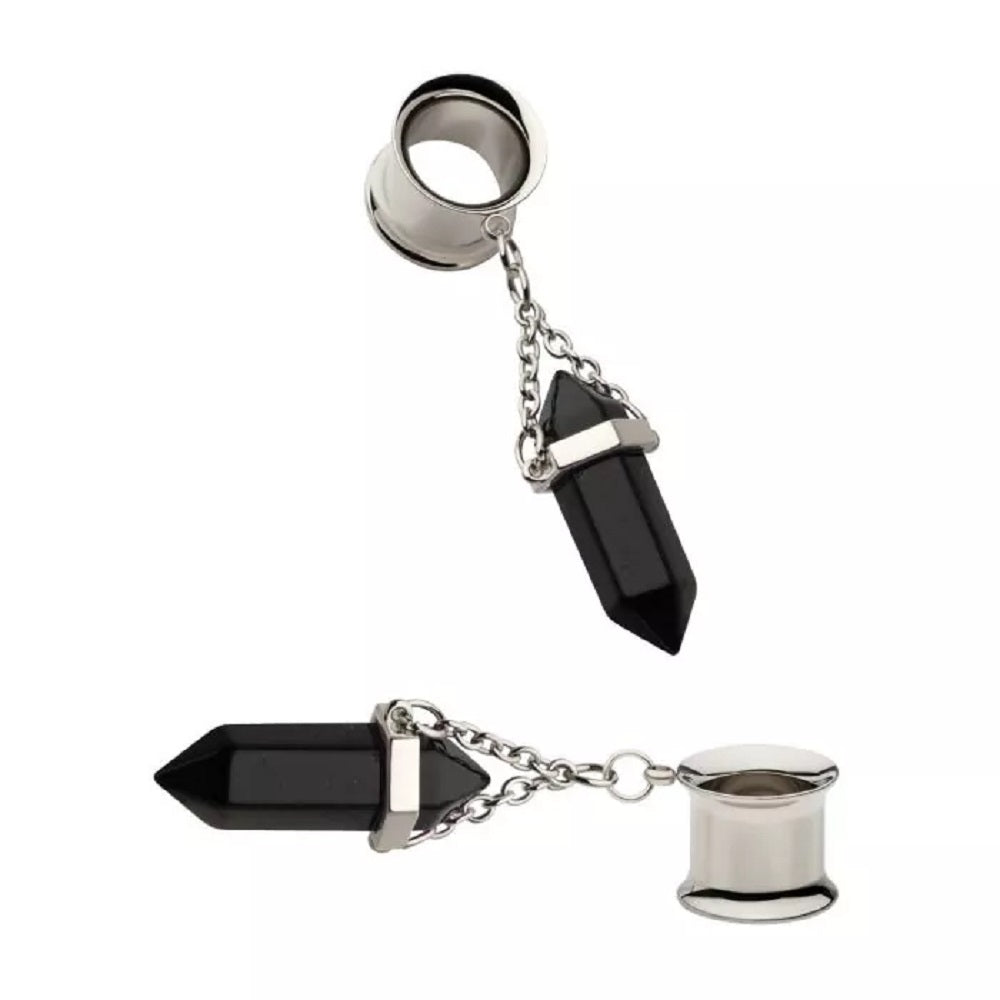 Dangling Obsidian Stone Double Flared Tunnels - 316L Stainless Steel - Pair