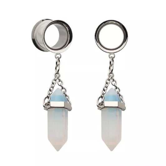 Dangling White Opalite Stone Double Flared Tunnels - 316L Stainless Steel - Pair
