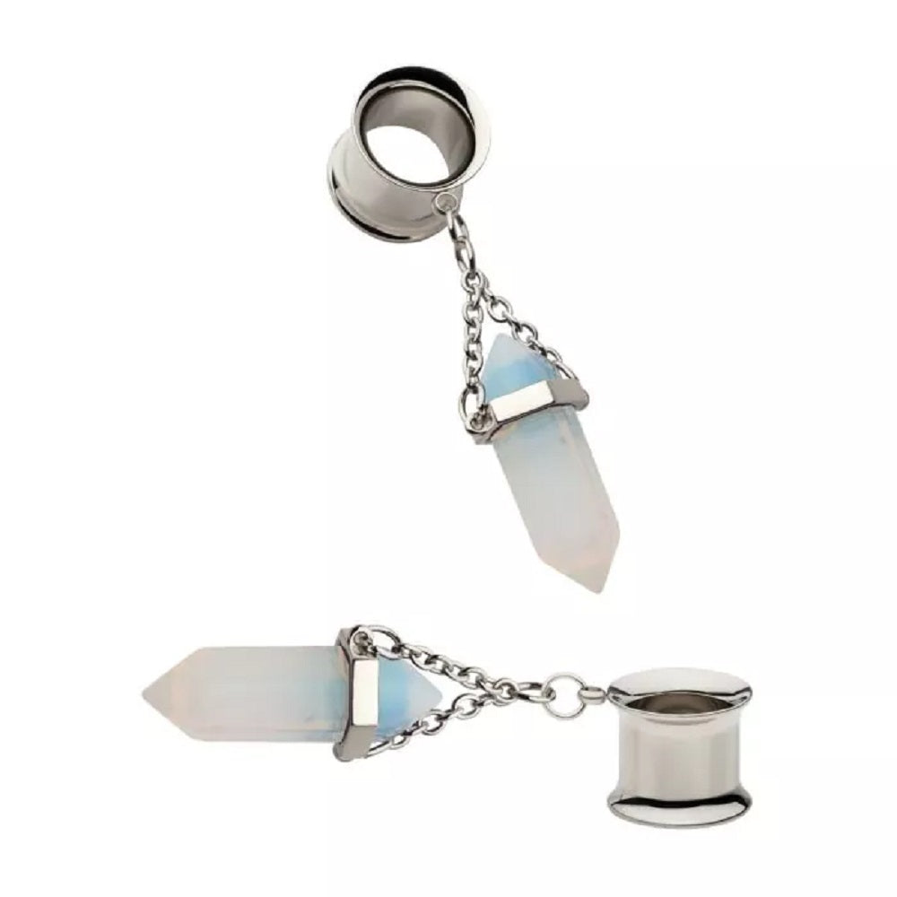 Dangling White Opalite Stone Double Flared Tunnels - 316L Stainless Steel - Pair