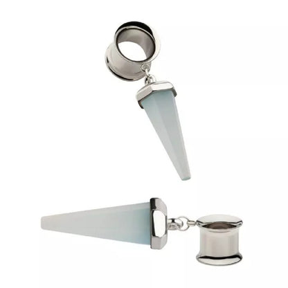 Dangling White Opalite Stone Pendulum Double Flared Tunnels - 316L Stainless Steel - Pair