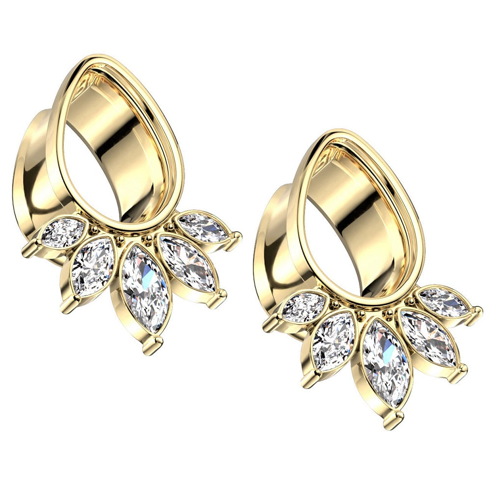 Gold Plated 5 Marquise CZ Crystal Fan Tear Drop Shaped Double Flared Tunnels - 316L Stainless Steel - Pair