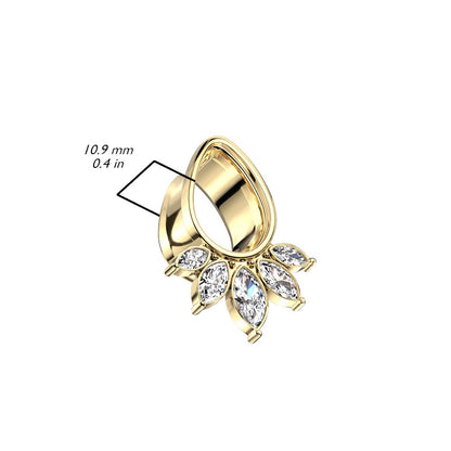 Gold Plated 5 Marquise CZ Crystal Fan Tear Drop Shaped Double Flared Tunnels - 316L Stainless Steel - Pair