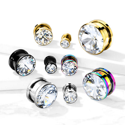 Bezel Set Clear Gem Screw Fit Plug Gauges - Stainless Steel - Pair