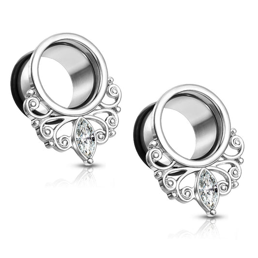 Crystal Centered Vintage Filigree Marquise Drop Single Flare Tunnels with Black O-Ring - Stainless Steel