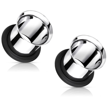 Single Flare Tunnels with Black O-Rings - Pair - 316L Stainless Steel