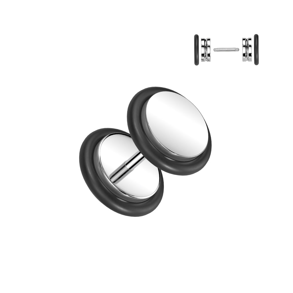 Fake 0GA Plugs with Black O-Rings - Pair - 316L Stainless Steel