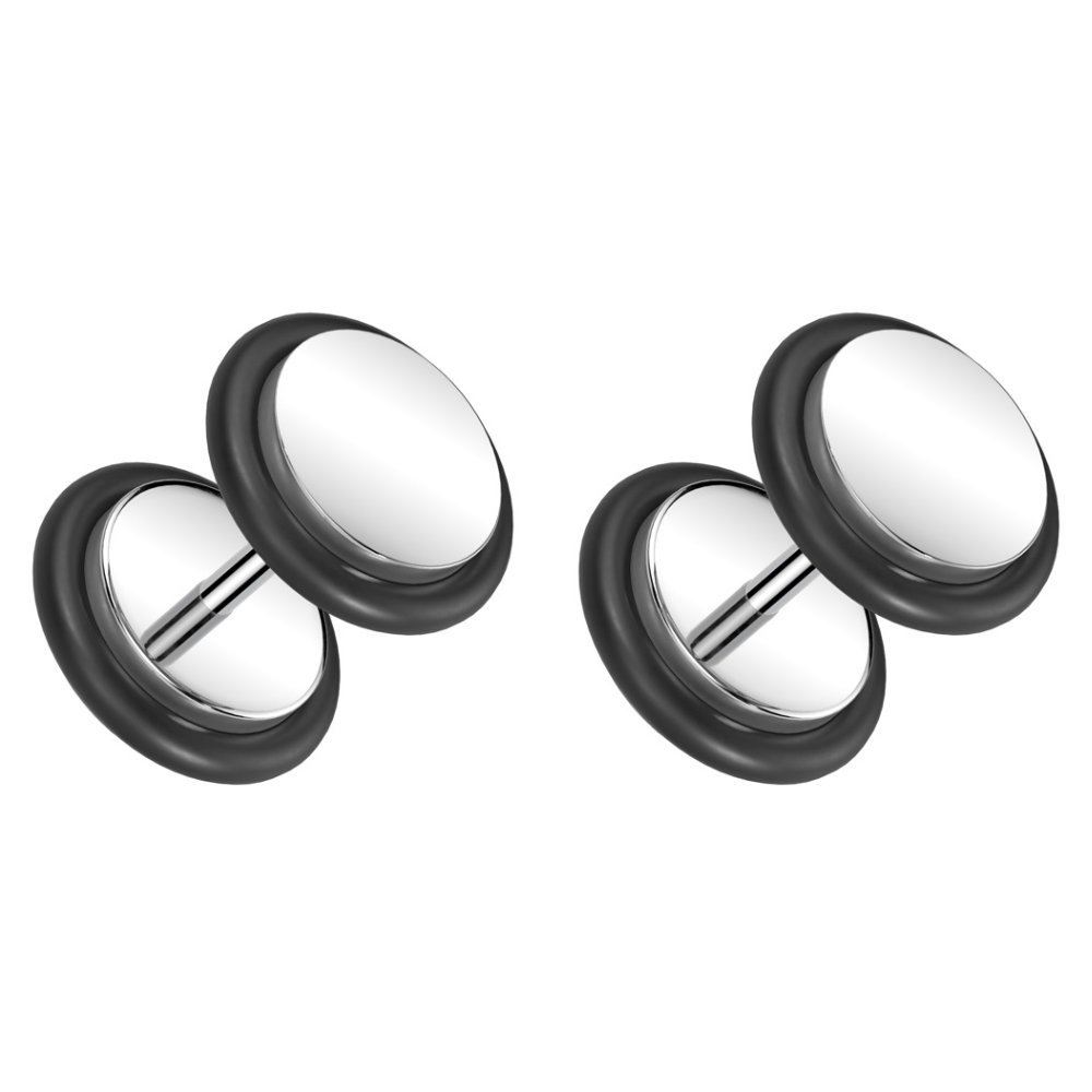 Fake 0GA Plugs with Black O-Rings - Pair - 316L Stainless Steel