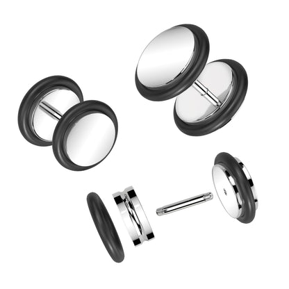 Fake 0GA Plugs with Black O-Rings - Pair - 316L Stainless Steel