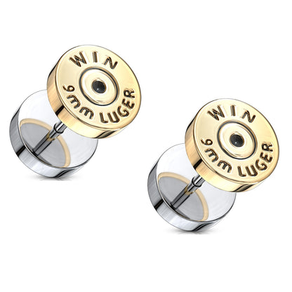 Winchester 9mm Luger Bullet Fake Cheater Plugs - Pair - 316L Stainless Steel