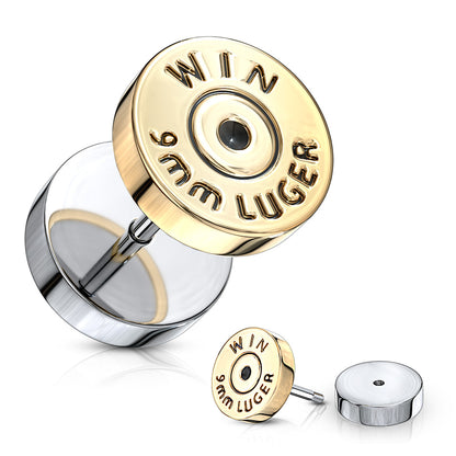 Winchester 9mm Luger Bullet Fake Cheater Plugs - Pair - 316L Stainless Steel