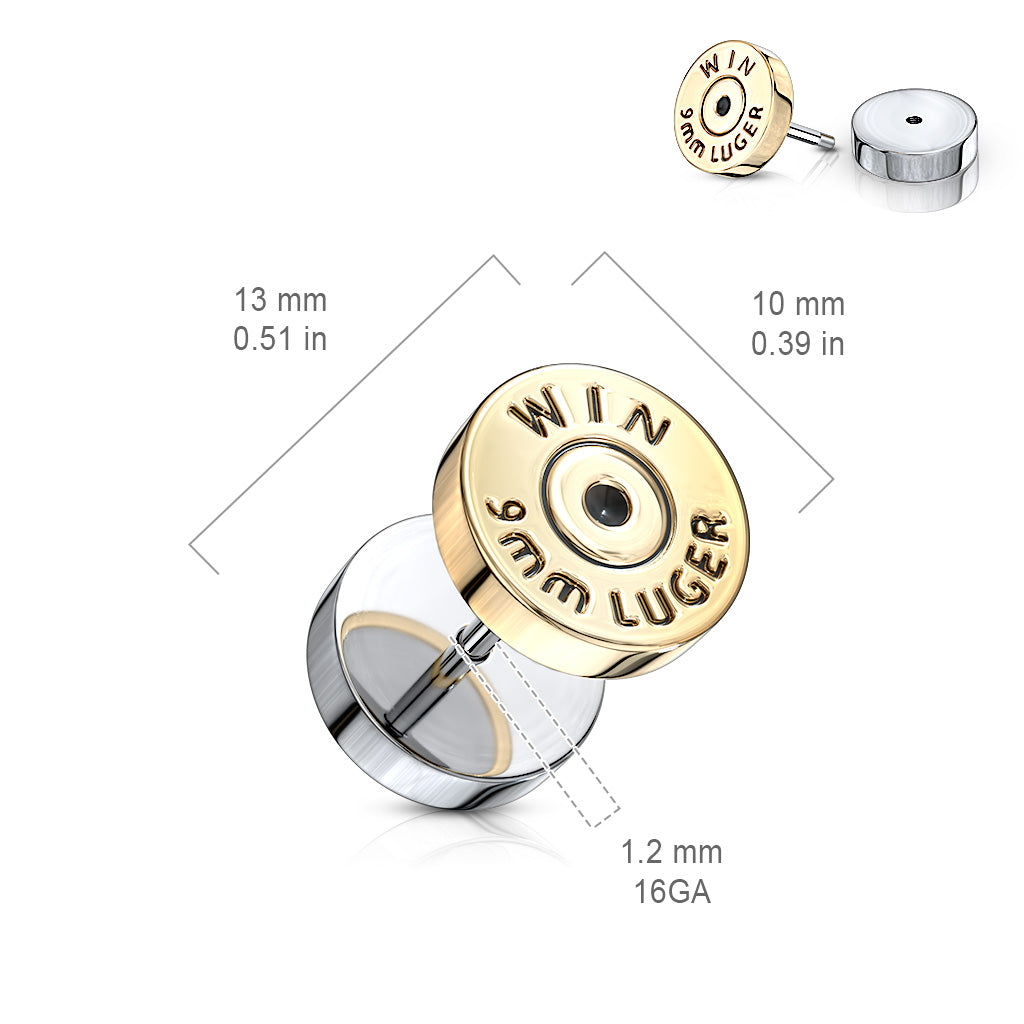 Winchester 9mm Luger Bullet Fake Cheater Plugs - Pair - 316L Stainless Steel