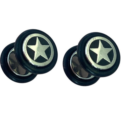 Star Center Fake Plugs with Black O-Rings - Pair - 316L Stainless Steel