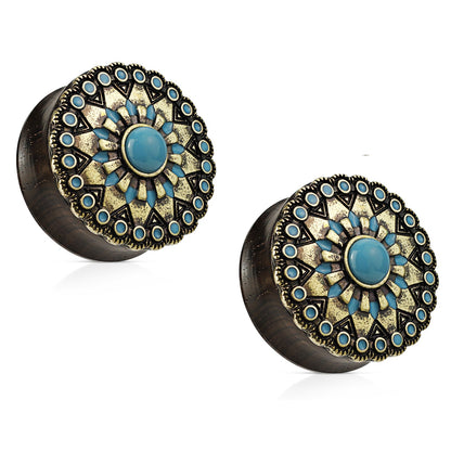 Turquoise Antique Gold Plated Tribal Sun Organic Ebony Wood Double Flared Saddle Plugs