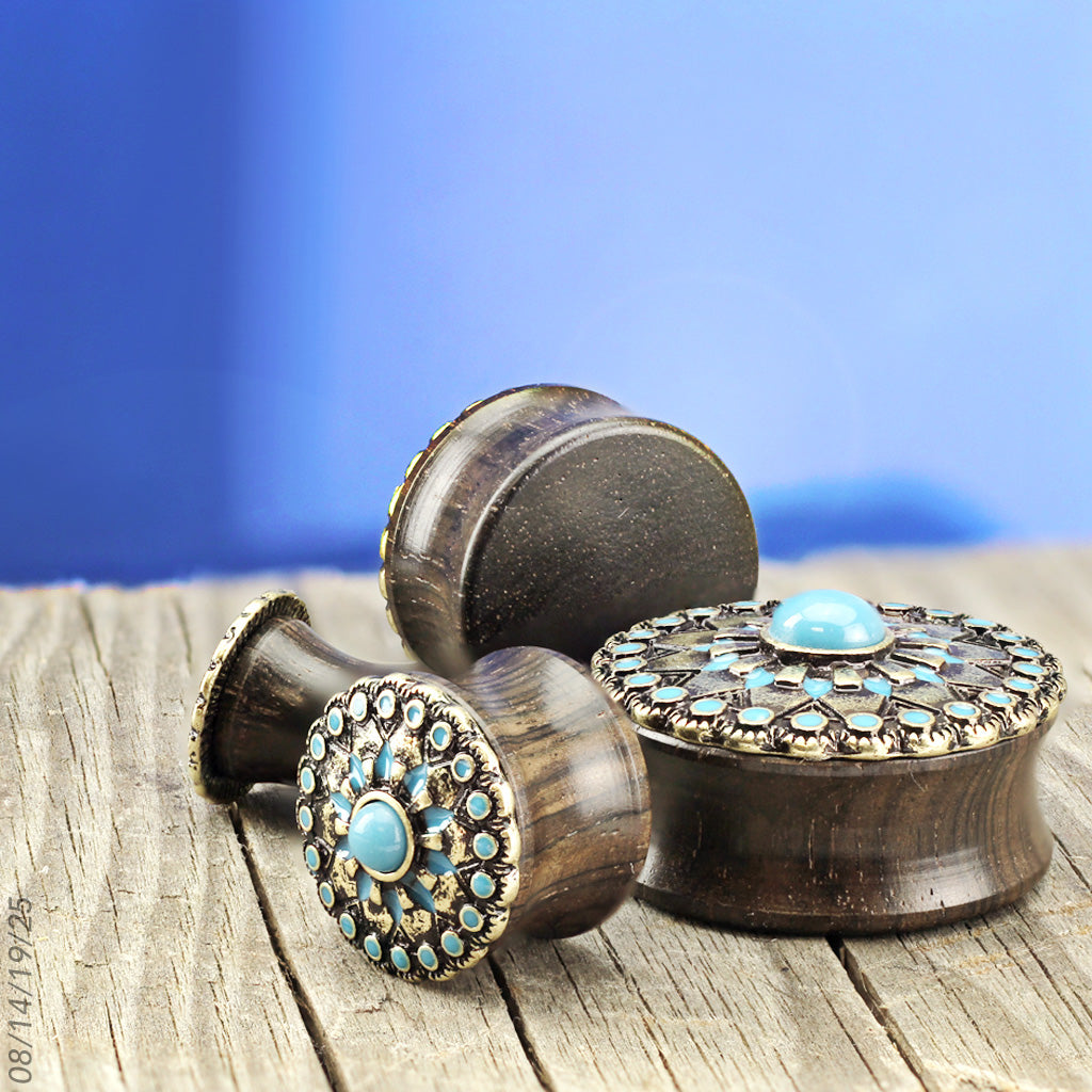 Turquoise Antique Gold Plated Tribal Sun Organic Ebony Wood Double Flared Saddle Plugs