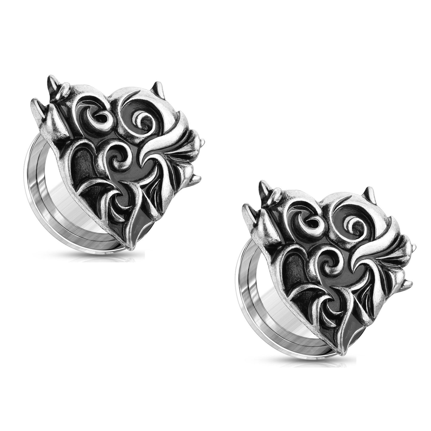 Devil's Swirl Heart Top Screw Fit Flesh Fit Plugs - Antique Silver Plated 316L Stainless Steel - Pair
