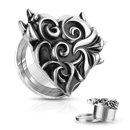 Devil's Swirl Heart Top Screw Fit Flesh Fit Plugs - Antique Silver Plated 316L Stainless Steel - Pair