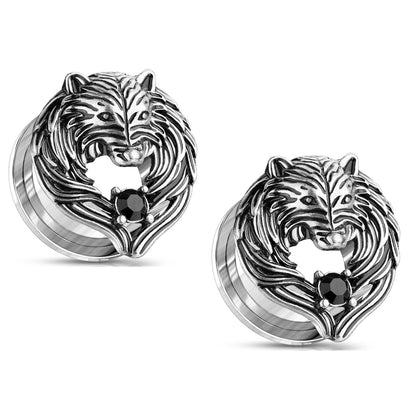 Wolf with Angel Wings Screw Fit Tunnels - Antique Silver Plated 316L Stainless Steel - Pair