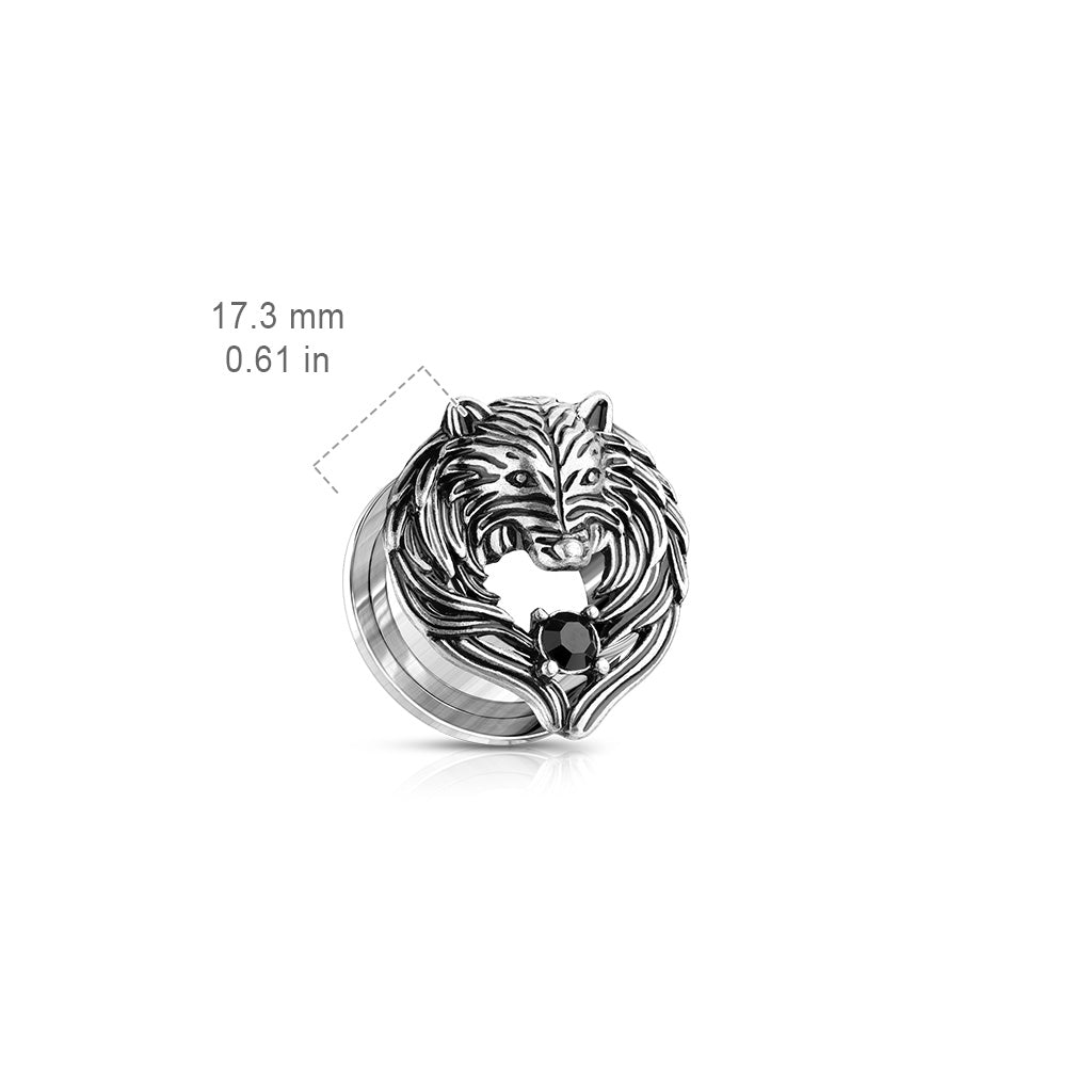 Wolf with Angel Wings Screw Fit Tunnels - Antique Silver Plated 316L Stainless Steel - Pair