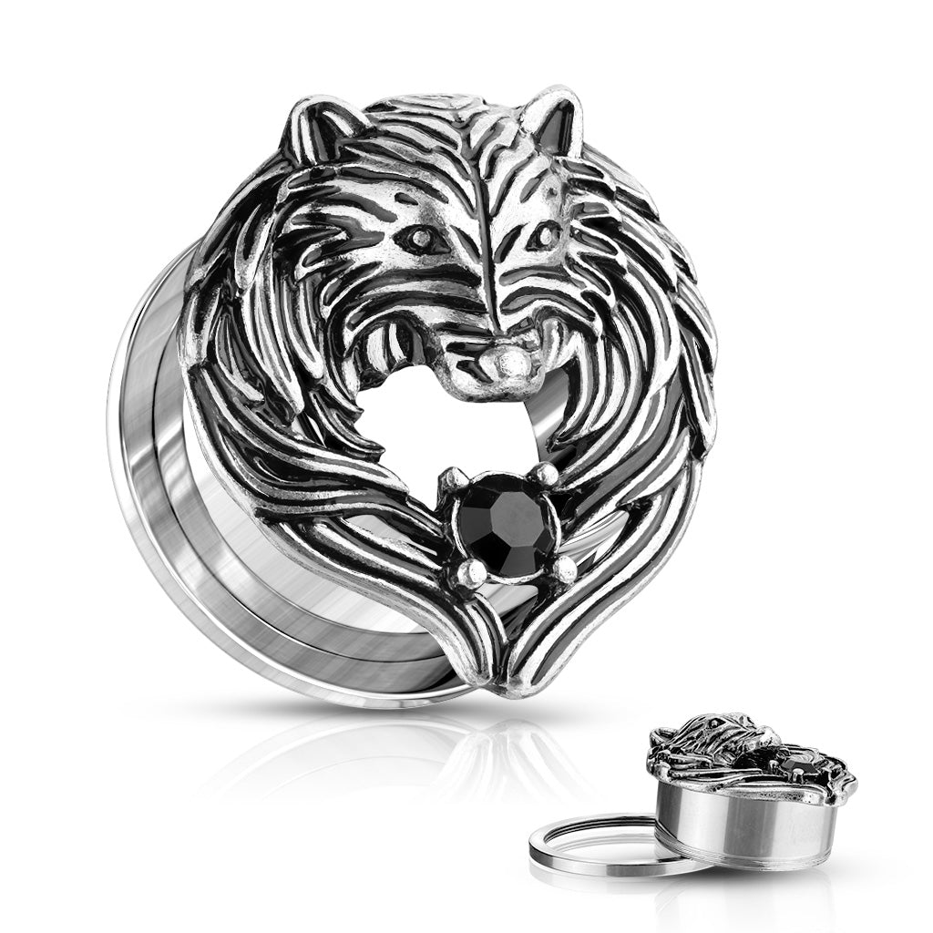 Wolf with Angel Wings Screw Fit Tunnels - Antique Silver Plated 316L Stainless Steel - Pair